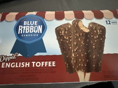 English toffee flavored reduced fat ice cream dipped in chocolate flavored coating and toffee candy bars, english toffee