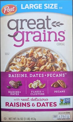 great grains raisins, dates & pecans cereal