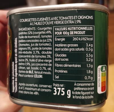 Courgettes cuisinées avec tomates et oignons à l'huile d'olive vierge extra 1,5%