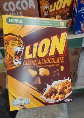 Lion cereal with caramel and chocolate